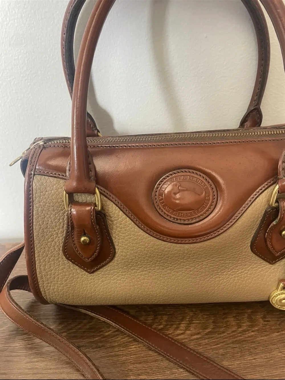 Dooney & Bourke Beige and Brown Leather Trim Cassini Satchel